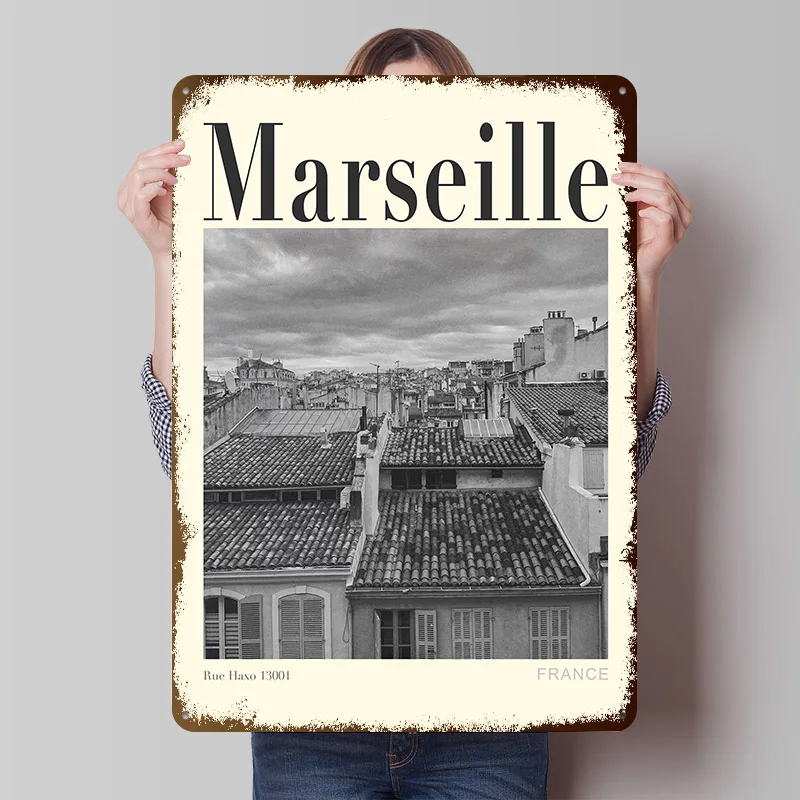 Marseille Cityscape Black and White Metal Poster Custom Wall Art Retro Vintage Tinplate Signs for Man Cave Decoration Home Decor