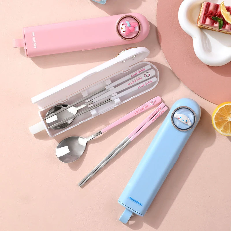 Sanrios Hellokittys Tableware Set 3Pcs Cinnamoroll Cute Home Chopsticks Anime Spoon Cartoon Fork Childrentravel Portable Cutlery