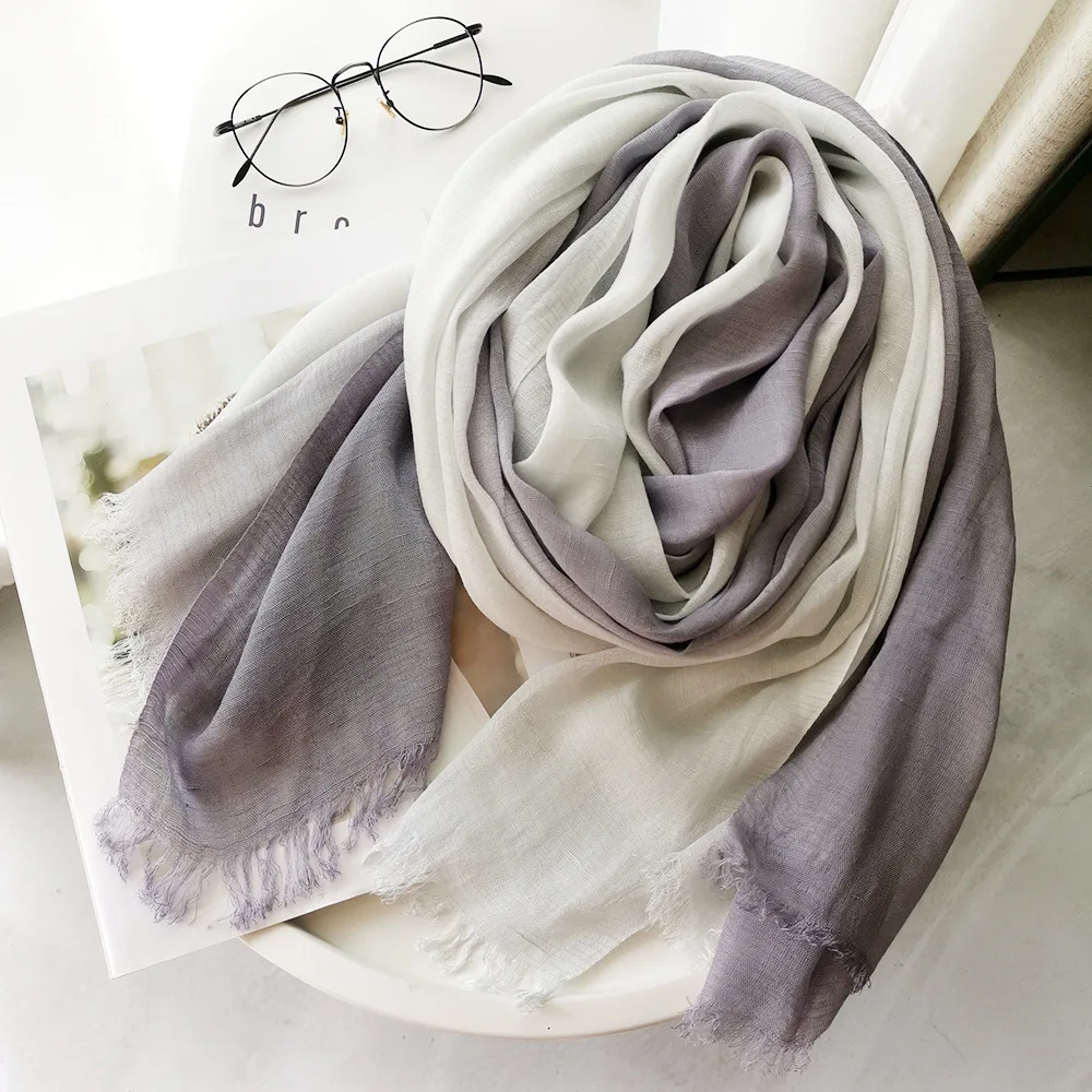 Japanische Art Unisex Baumwolle Leinen Schal Farbverlauf Farbe Herbst Winter lange weiche Schals und Wraps Dame kurze Quaste Bufanda