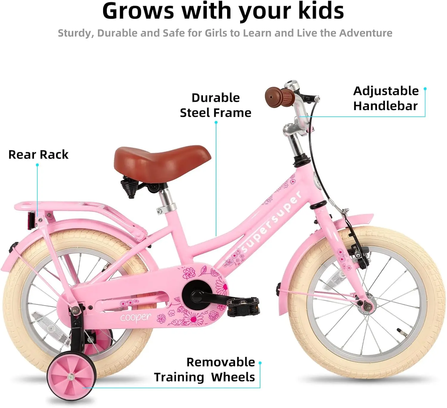 Vélo de style rétro pour filles avec roues d'entraînement, vélo pour enfants de 2 à 12 ans, 14 po, 20 po