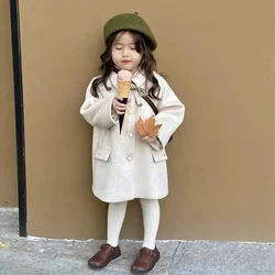 Girls Wool Coat Jacket Outerwear 2023 Vintage Warm Thicken Plus Velvet Winter Autumn Cotton School Teenagers Children's Clothing