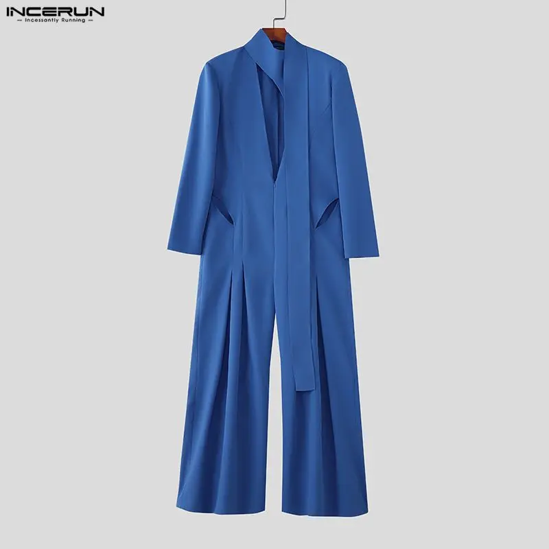 

INCERUN Men Jumpsuits Solid Color V Neck Long Sleeve Hollow Out Rompers Men Streetwear Elegant Fashion Casual Overalls With Belt