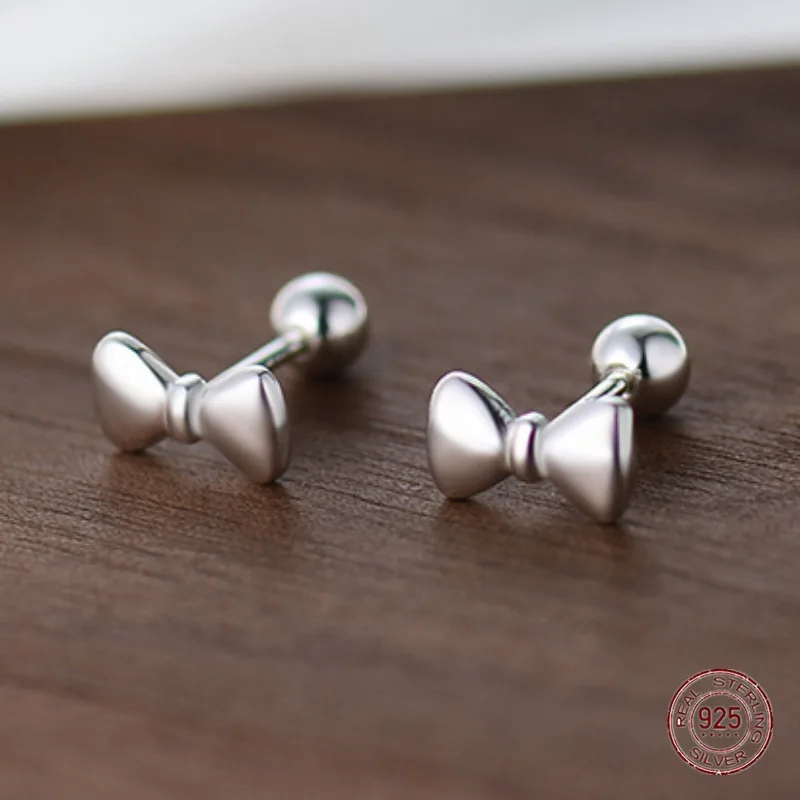 925 Sterling Silver Mini Bowknot Stud Earrings Women's Simple Ear Bones Korean Fashion Metal Earring Birthday Piercing Jewelry