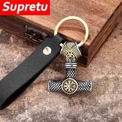 Retro Norse Vikings młot thora brelok mężczyźni złoty kolor stal nierdzewna Mjolnir wisiorek z amuletem prawdziwy skórzany brelok biżuteria