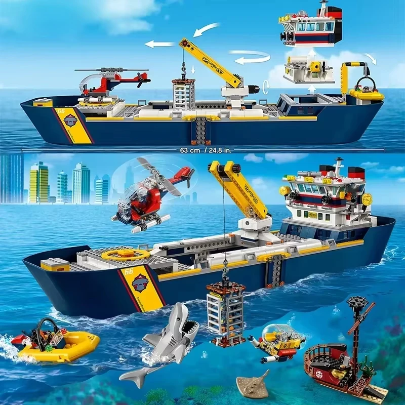 Diy urbano oceano reconnaissance navio modelo conjunto 60026 bloco de construção montagem expedição menino brinquedos aniversário das crianças meninos presentes
