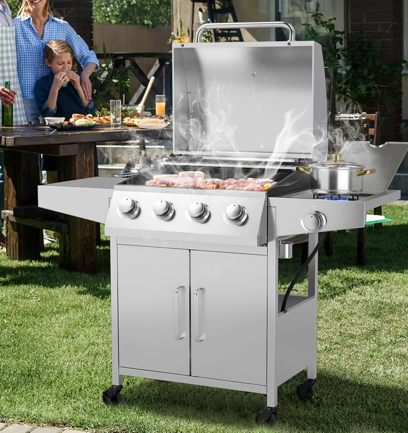 Propane Gas Grill 50,000 BTU, 4 Main Burners, 1 Side Burner, 2 Prep Tables, Stainless Steel Heavy-Duty BBQ Grill
