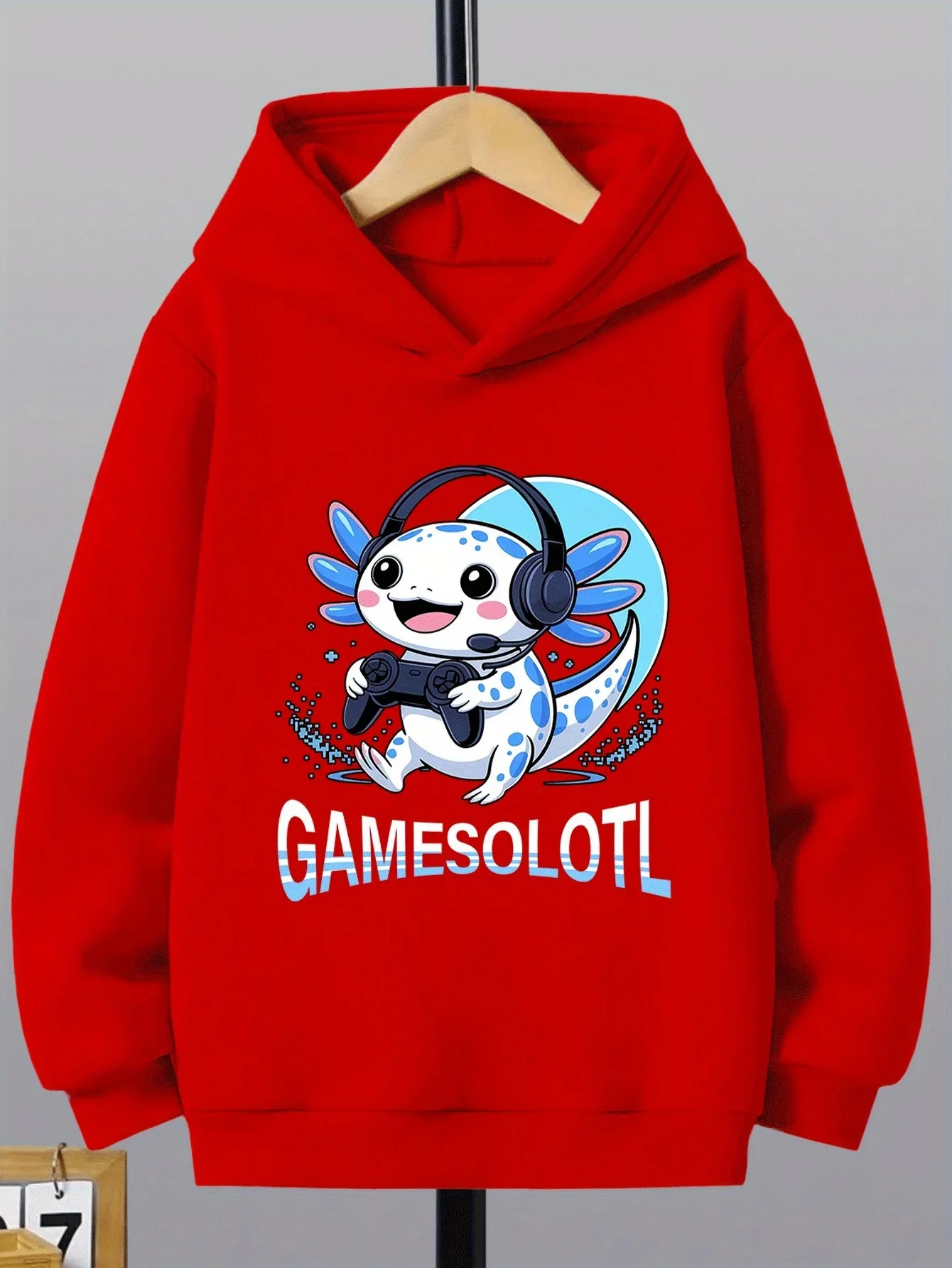 Kids Gamer Axolotl Hoodie Autumn Winter Fleece Lined Gamesolotl Letter Graphic Print Long Sleeve Warm Pullover