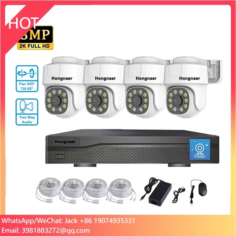 Hongnaer 3MP Eseecloud Two Way Audio 4CH Outdoor IP Surveillance System NVR Kit Wireless POE PTZ CCTV Security Camera System