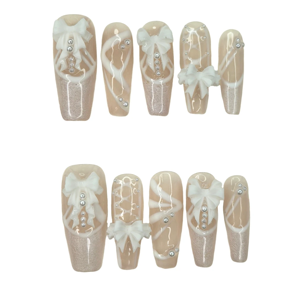 10 Pieces Elegant Wedding Princess Pearls Glitter Handmade Press On Nails 3D Bow French Ballet Fake Nails Removable Reusable