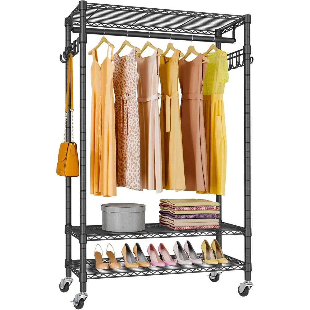 

Garment Rack Duty Clothes Rack,Portable Closet Wardrobe with Wheels and Side Hooks, Adjustable Freestanding Metal Clothing Rack