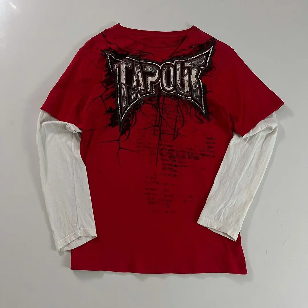New Streetwear Brand TAPOUT Printed Long Sleeve T-Shirt Fake Two-Piece Casual Hip Hop Top for Men City Walk Winter Fashion