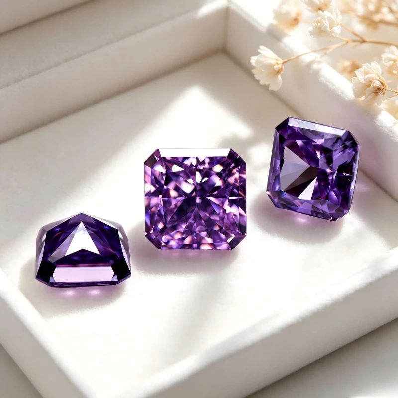 Kubischer Zirkonia, synthetischer Zirkon, violette Farbe, quadratische Form, CZ 4K-Schliff, 5A+ Qualität, Crushed-Ice-Schliff, hochkarätiger Diamant – Detail 5