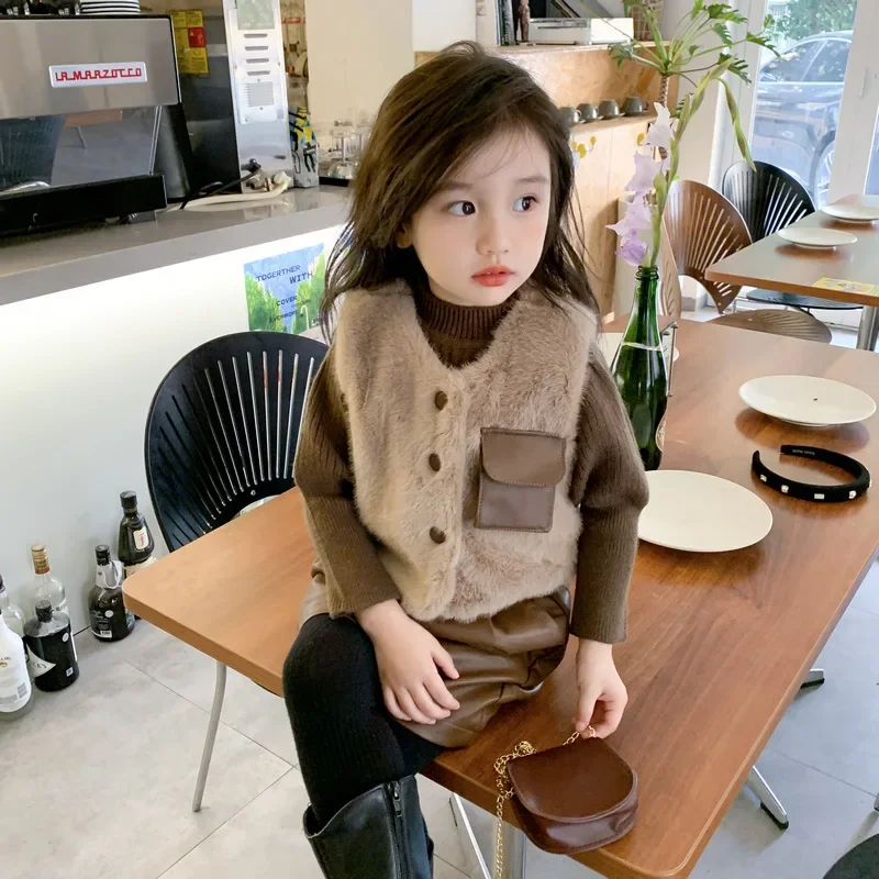 

Girl Clothes Suit Girl Autumn and Winter Suits Fashion Fur Vest Sweater Leather Pant Baby Plus Fleece Thickening Three-piece Set