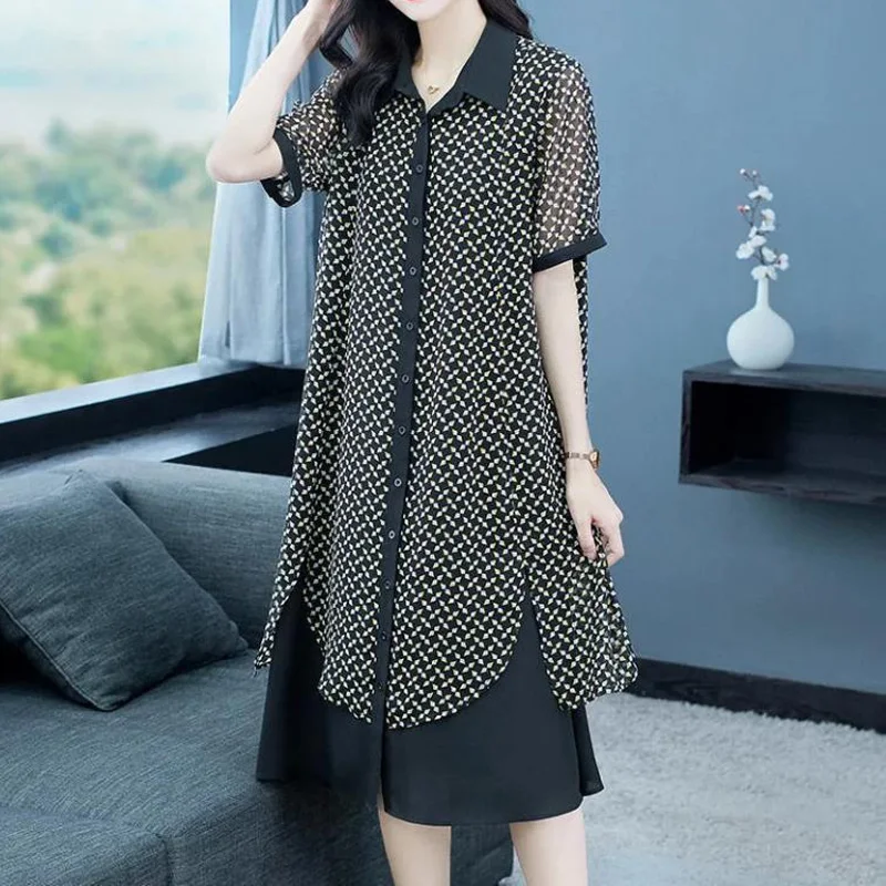 Summer New Chiffon Patchwork Midi Dress Short Sleeve Polo Neck Printing Loose Plus Size Dresses Fashion Vintage Women Clothing