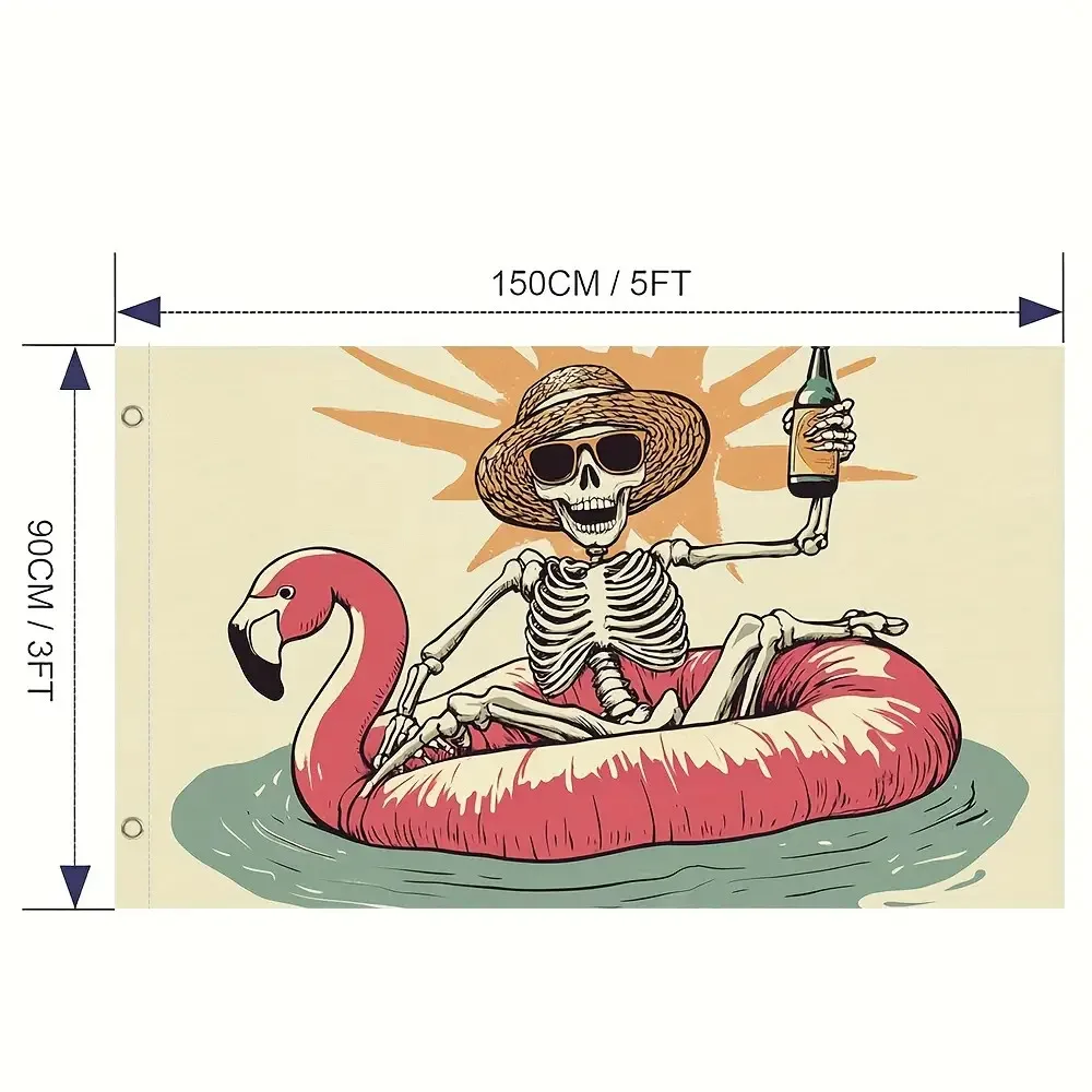 Skeleton Riding Flamingo Pool Float Garden Flag Summer Vacation Outdoor Polyester Decorative Banner