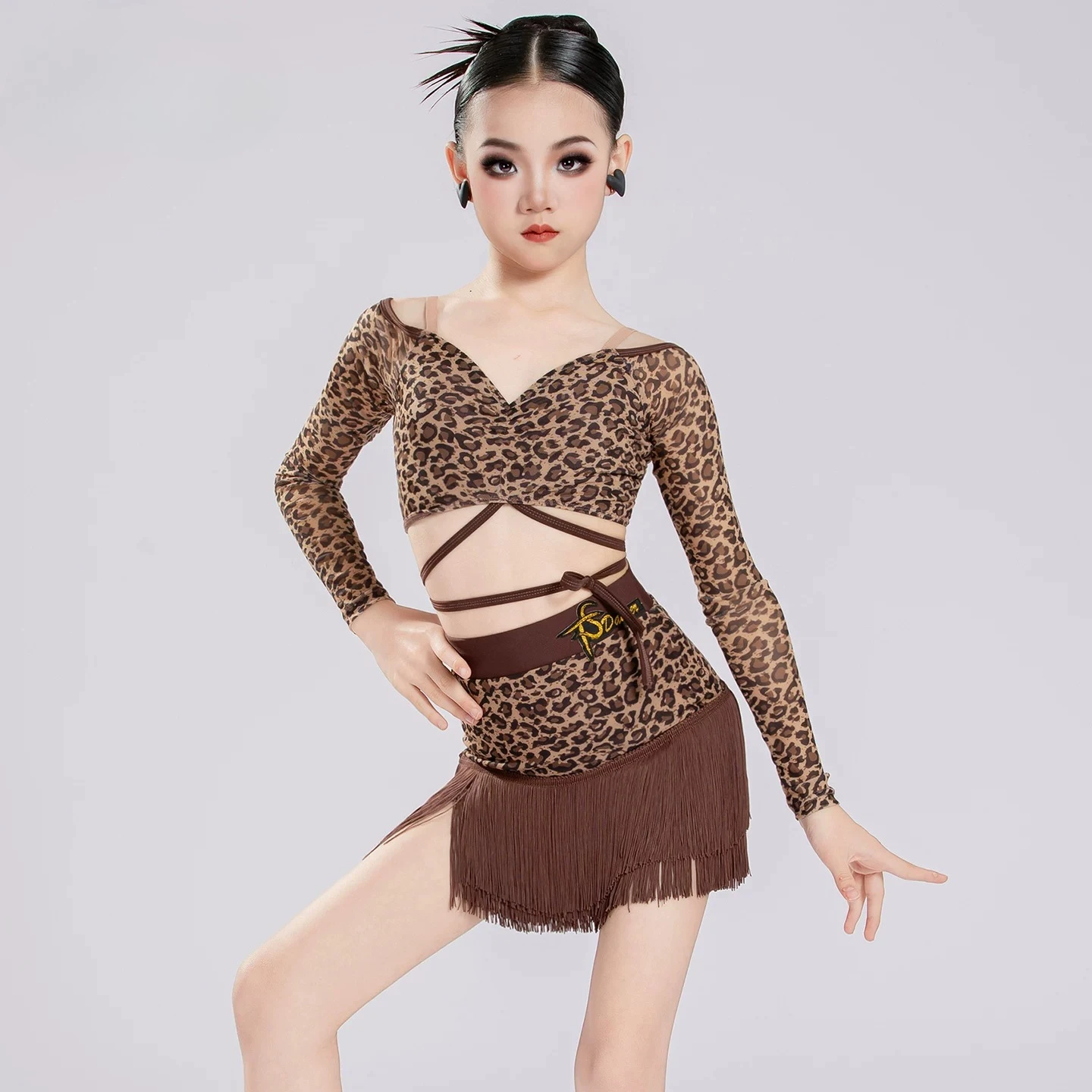 Children's girlsLatin dance outfitnew leopard print short skirt with fringes practice and performance dress for ballroom dancing
