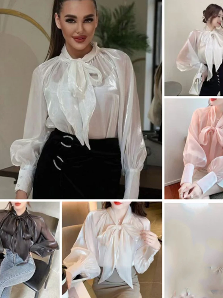 Big Bow Women Shirts&blouses Women Tops Solid Transparent Spring Summer Blusas Mujer Vintage Elegant Camisas