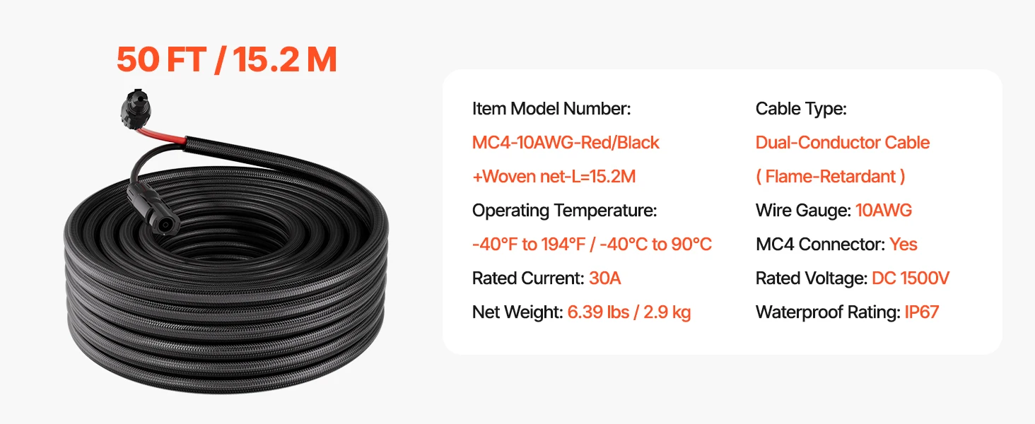 SucceBuy 30FT/50FT/100FT Solar Panel Extension Cable with Flame Retardant Protective Sleeving Female and Male Connectors for RV