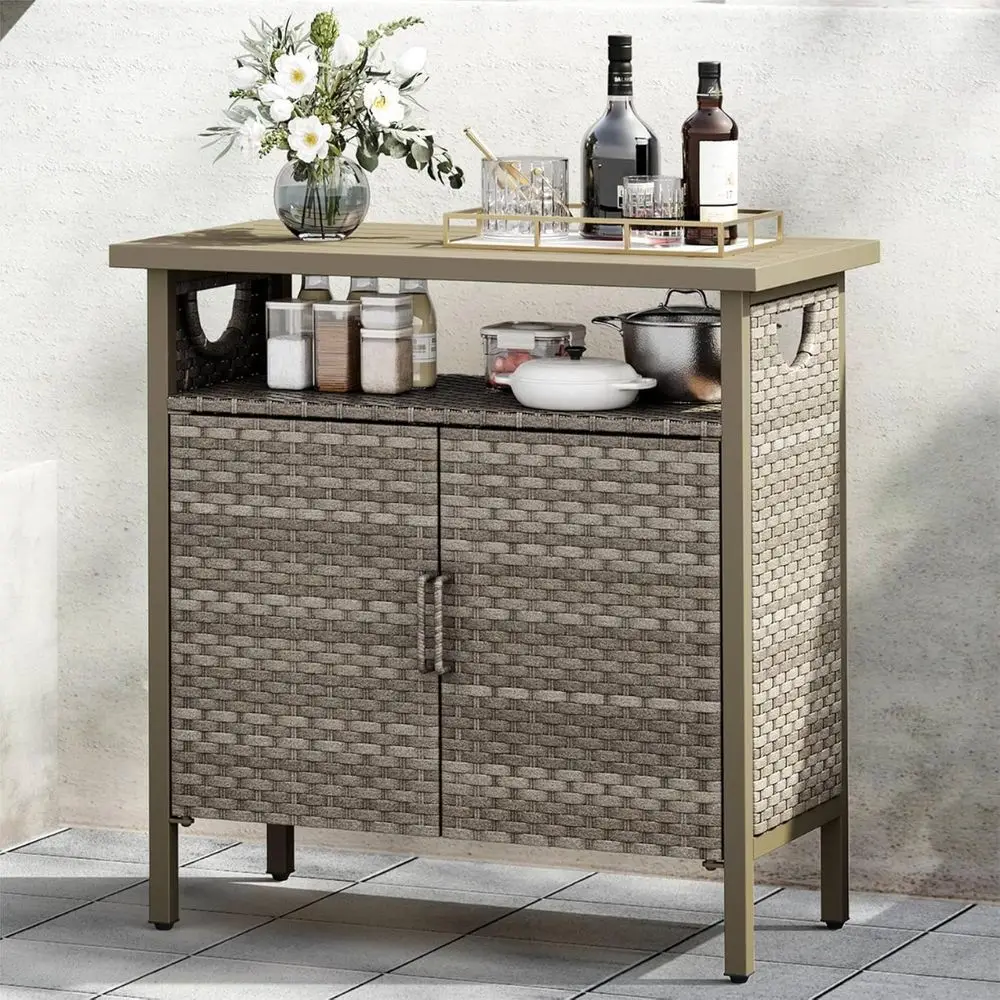 

Brown Outdoor Storage Cabinet with Patio Bench, Deck Table, Wicker Storage Bench, and Garden Potting Accessories