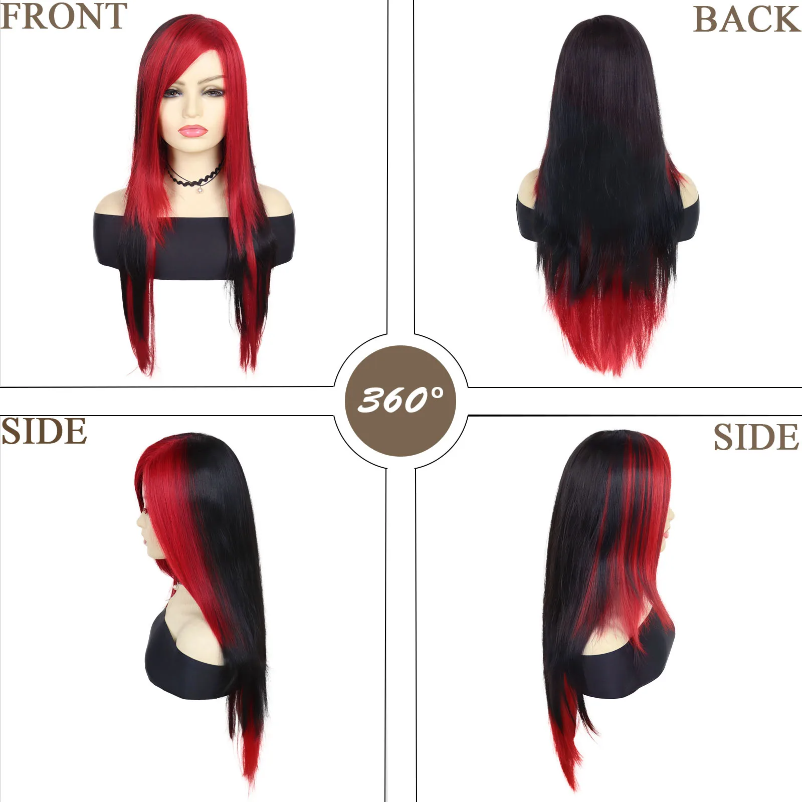 Parrucche rosse e nere per donna Parrucca sintetica lunga diritta da 30 pollici con frangia Parrucca di scena Stile gotico Miscela di due colori Festa a tema Emo