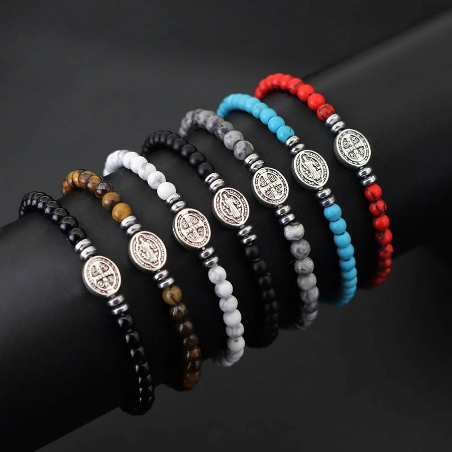 Stylish Motorcycle Equipment Men Bracelet Natural Stone Cross Virgin Mary Amulet Braclet Camping Bike Cool Riding Accessories