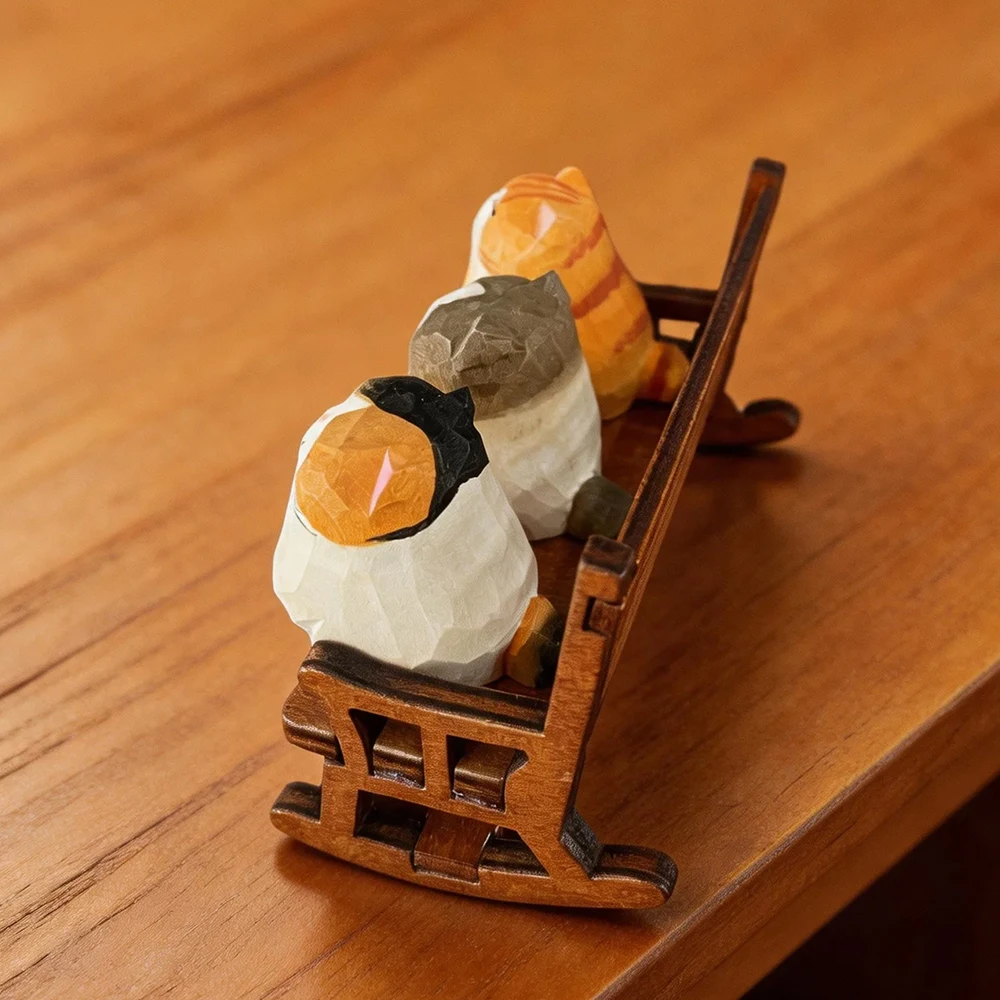 Hand Carved Wooden Cat Figurines Cute Kitten Statue with Mini Bench Home Orange Calico Cat Ragdoll Cat Desktop Ornament Gift