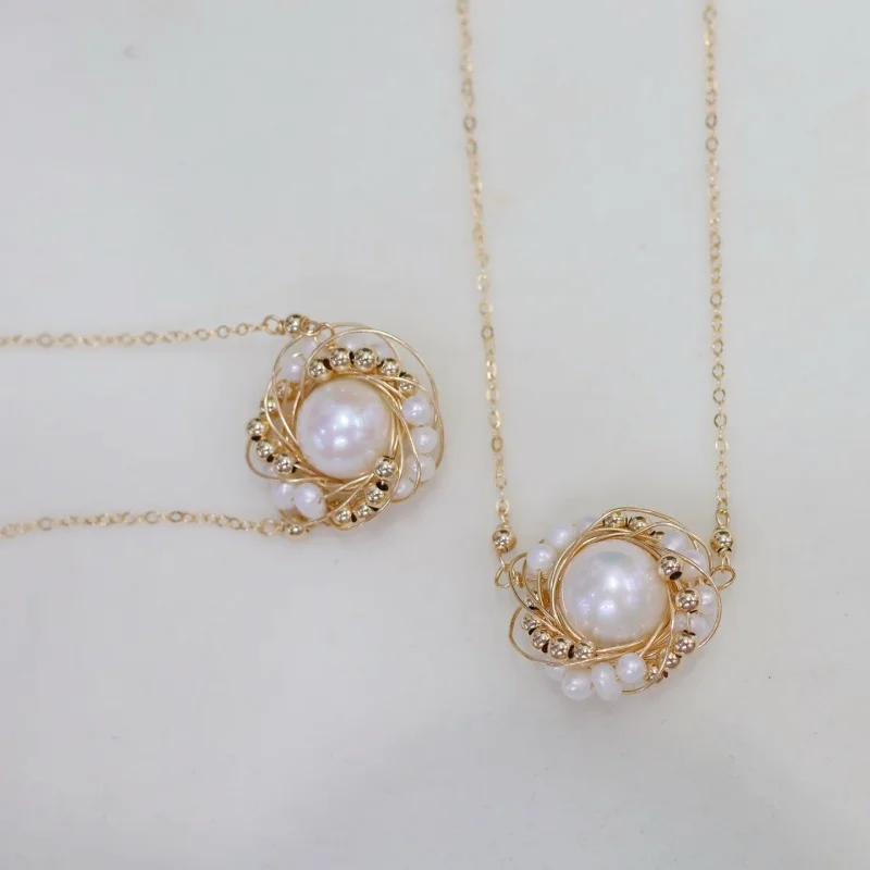 

SGARIT Gold Wire-Woven Nest Pendant Necklace for Women 14k Filled Gold Natural Freshwater Pearl Necklace High Quality Jewelry