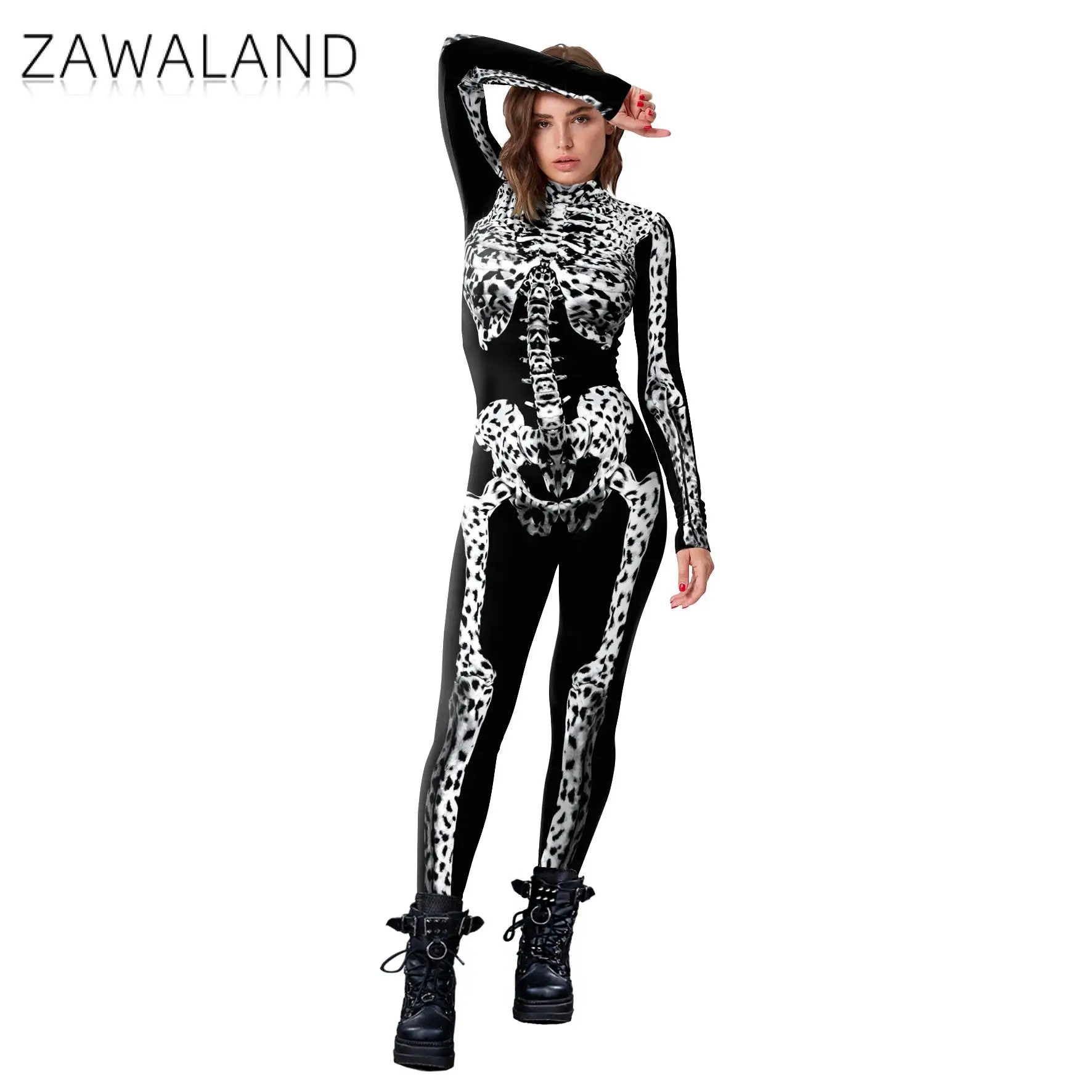 Zawaland Halloween Matching Outfits 3D Leopard Pattern Skeleton Printed Zentai Cosplay Costume Party Parent-Child Sexy Catsuit