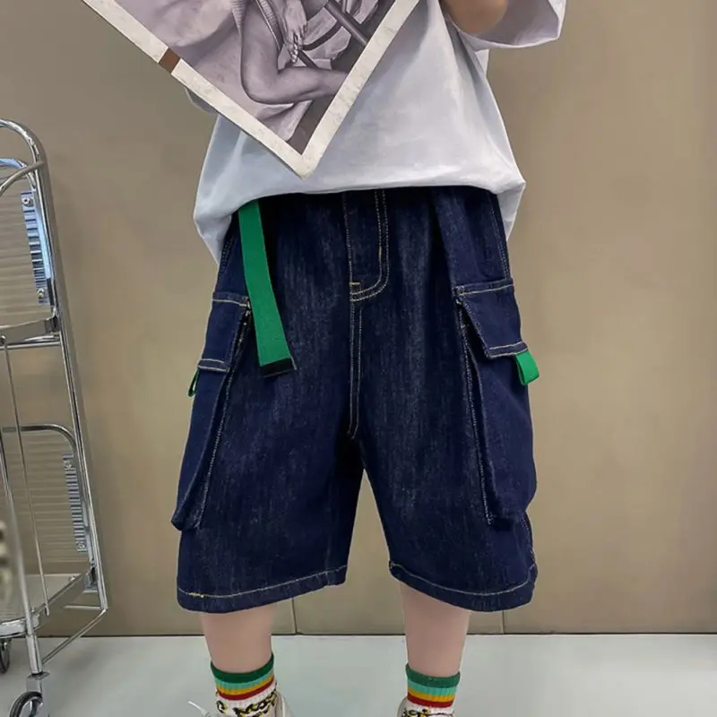 3-12Y Boys Denim Shorts Summer Thin New Kids Solid Color Fashion Pants Children Elastic Pure Cotton Casual Five Quarter Shorts