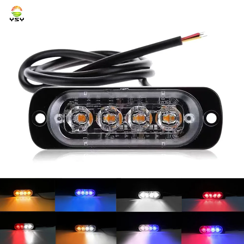 YSY 1pcs 4led Led Strobe Warning Light Strobe Grille Flashing Light Bar Car Beacon Lamp Amber Traffic Light 12V Light