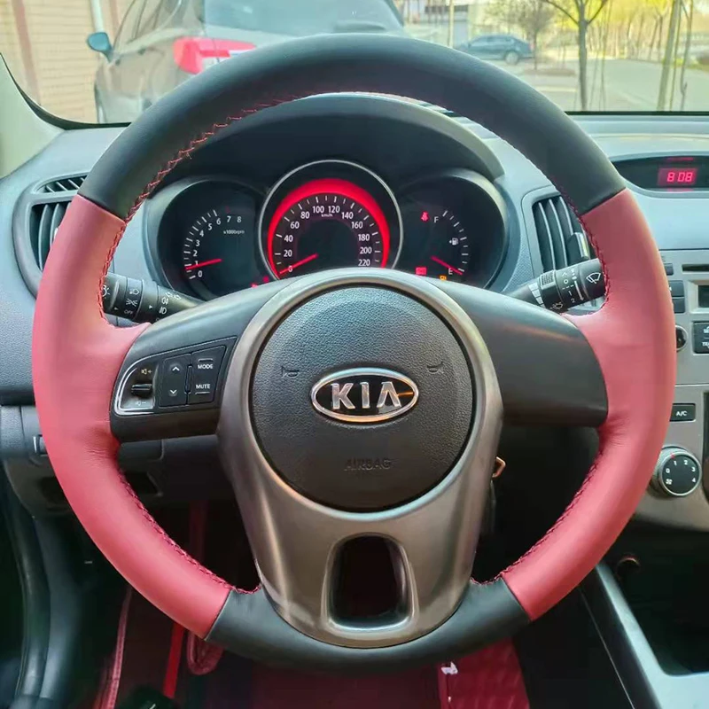 

for Kia Forte Soul Rio 2009 2010 2011 Hand-stitched Black red non-slip Genuine Leather car Steering Wheel Cover