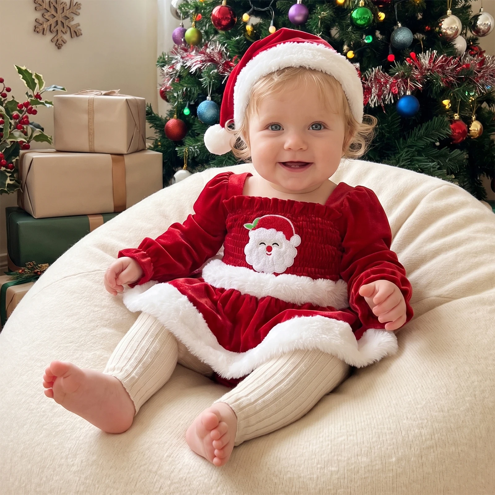 2026 Newborn Baby Girls Christmas Rompers Clothes Velvet Long Sleeve Santa Claus Embroidery Ruched Romper Dress+ Santa Hat