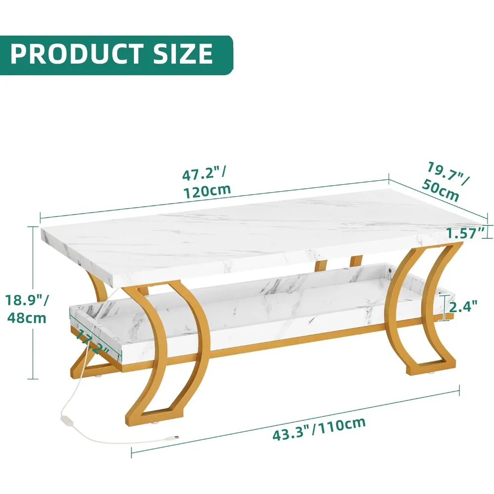 طاولات القهوة الحديثة لغرفة المعيشة طاولة القهوة الرخامية البيضاء طاولة القهوة Led مع تخزين طاولة مركزية خشبية من طبقتين