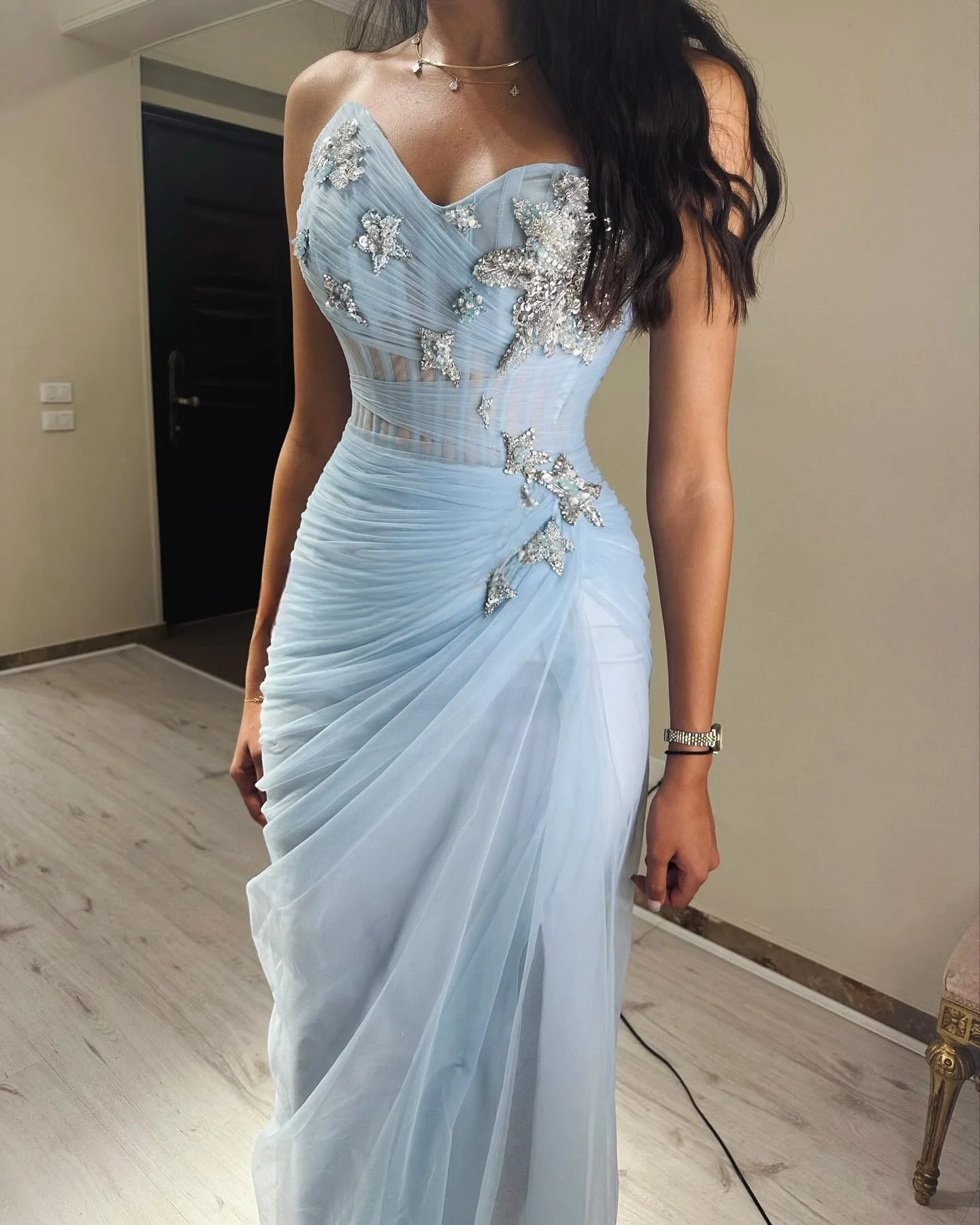 Customized Blue Tulle Crystal Prom Dresses Ankle Length for Arabic Women 2025 Sweetheart Beading Pleated Side Slit Evening Gowns