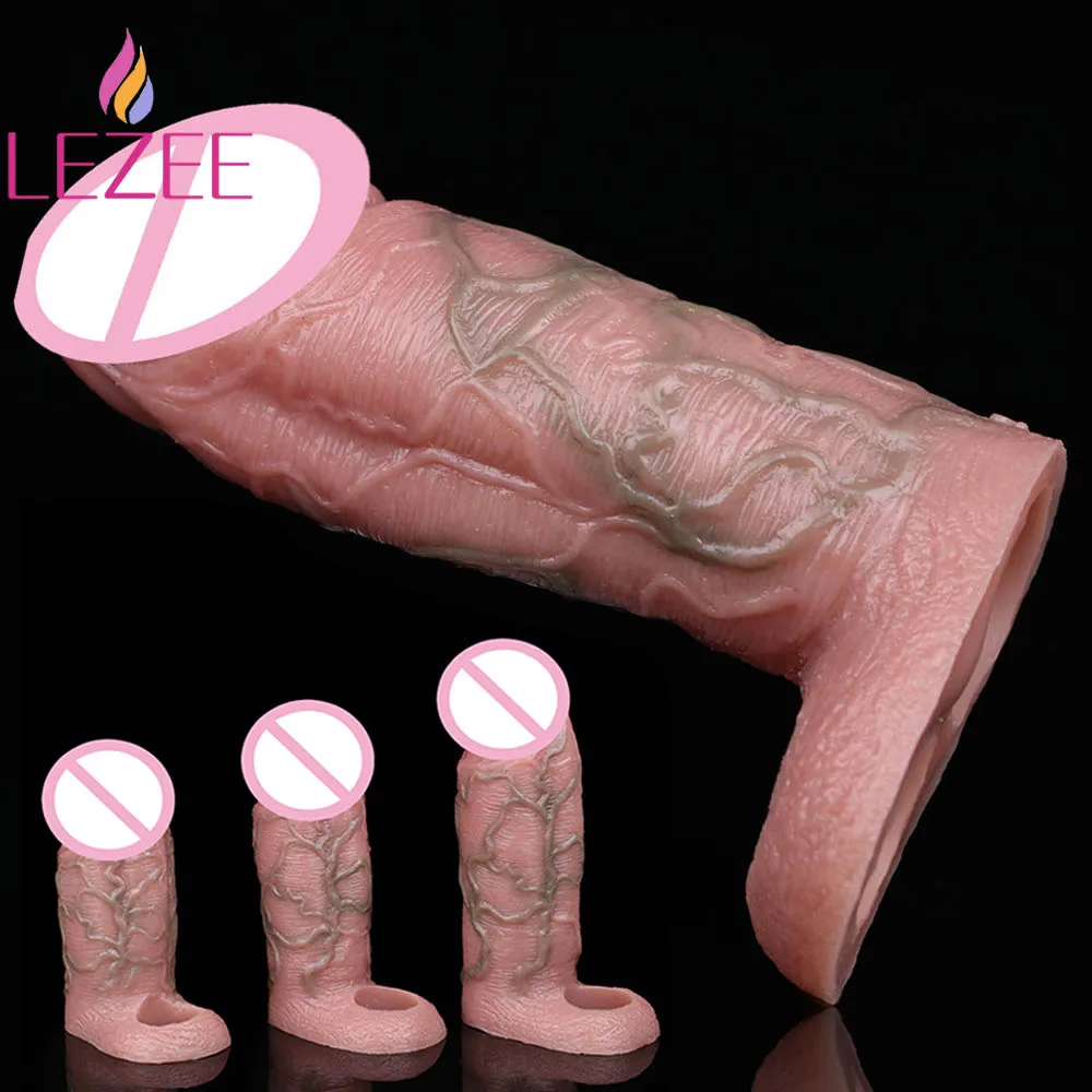 

LEZEE Silicone Penis Sleeve Realistic Blood Vessels Dick Extender Reuseable Condom Cock Sheath Delay Ejaculation Male Sex Toy