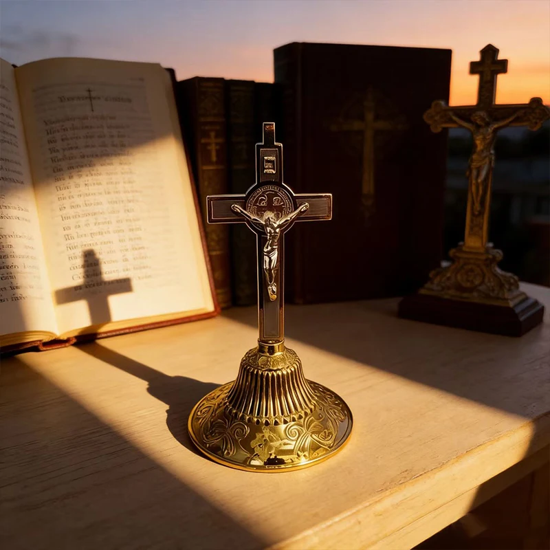 

Black Gold Two Tone Orthodox Table Crucifix with St. Benedict Medal and INRI Inscription for Church Home Altar Prayer Devotion