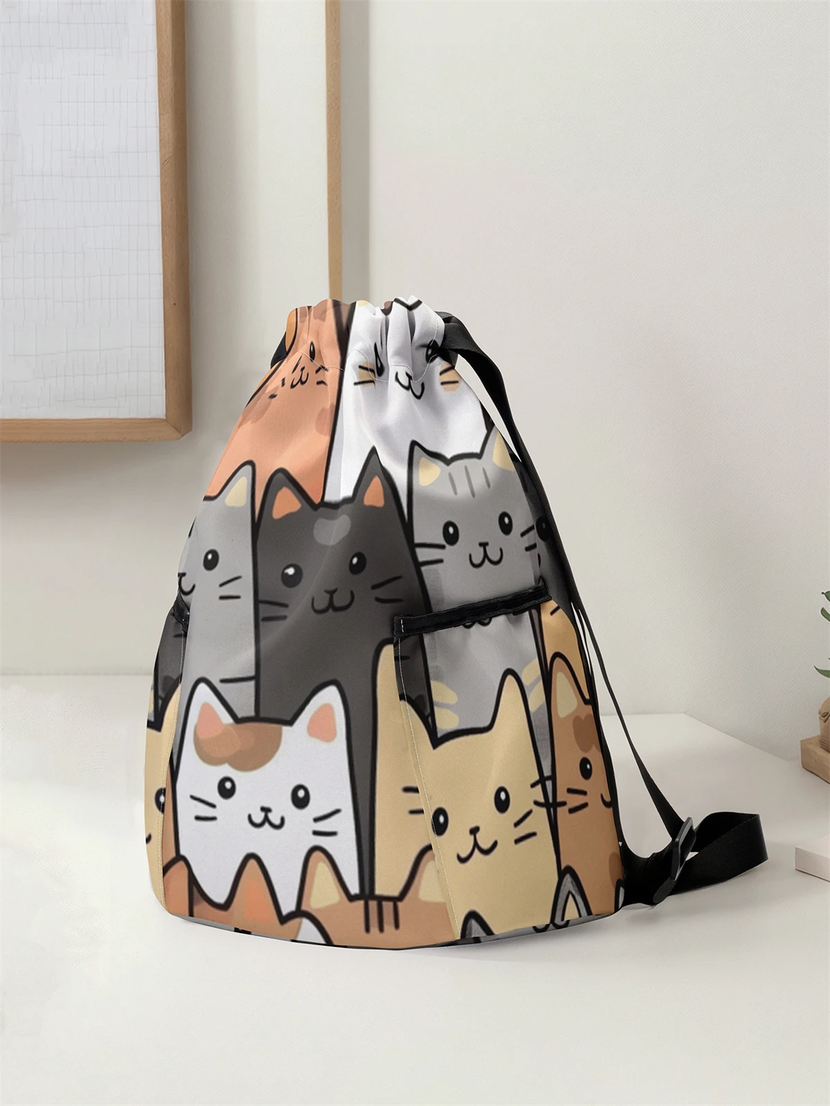 حقيبة ظهر برباط مطبوعة بنمط قطة لطيفة - حقيبة لياقة بدنية متينة ذات سعة كبيرة، حقيبة ظهر رياضية للشاطئ