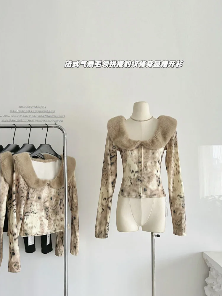 

French Print Vintage Sweater For Women Aesthetic Lapel Slim-fit Long-sleeve Cardigan Knitted Design Women New Top