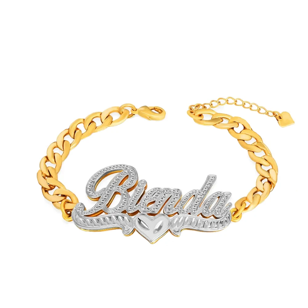 

Customized Name Bangles Double Layer Two Tone Heart Nameplate Cuban Chain With Heart Personalized Custom Name Bracelet For Women