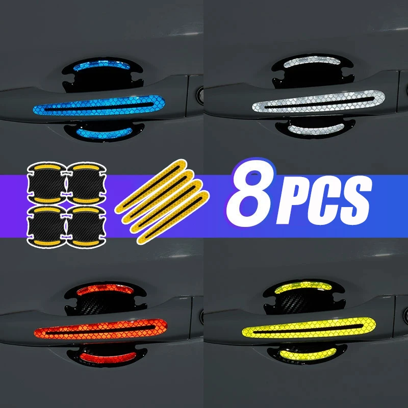 

3D Carbon Fibre Door Handle Stickers Universal Scratch-Resistant Sticker Set Vehicle Safety Warning Reflective Strips Auto Parts