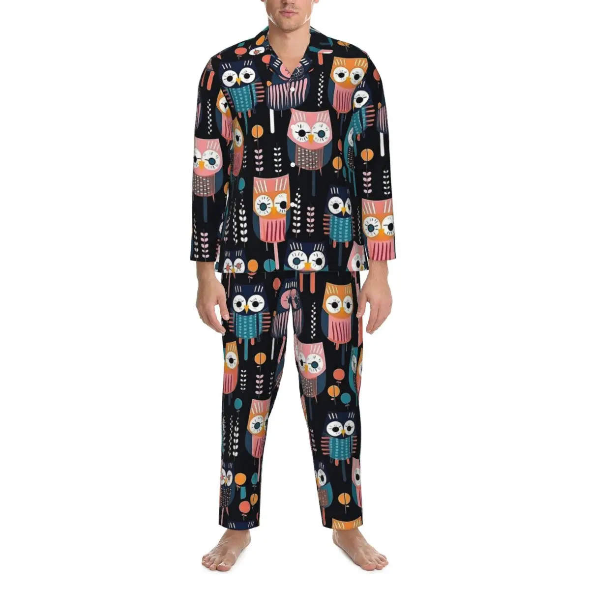 Geometric Bold Owl Pajama Sets Autumn Colorful Animal Warm Bedroom Sleepwear Man 2 Piece Vintage Oversize Design Home Suit Gift