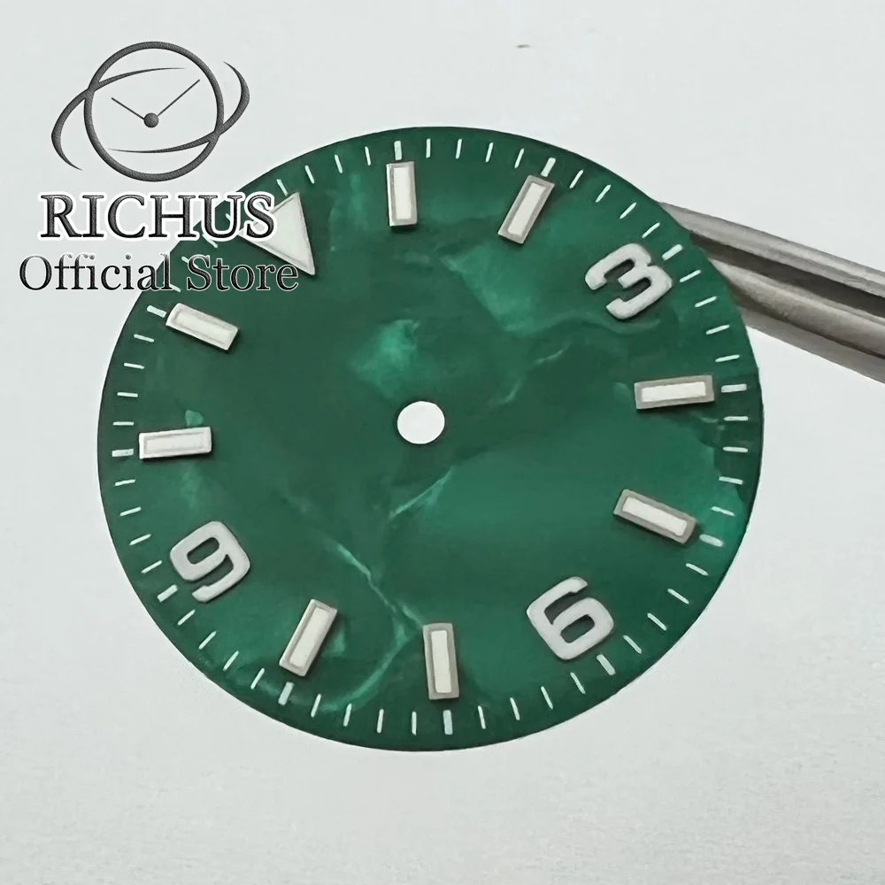 Richus 29mm mostrador de relógio verde luminoso ajuste nh35 nh36 miyota 8215 8205 821a dg2813 3804 eta2824 pt5000 st2130 st1612 movimento