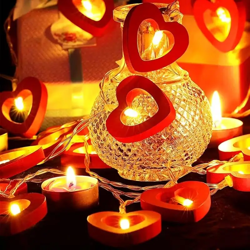 10LED Lichterkette aus Holz mit rotem Herz, Girlande für Valentinstag, Geburtstag, Party, Hochzeit, Heimdekoration, batteriebetrieben