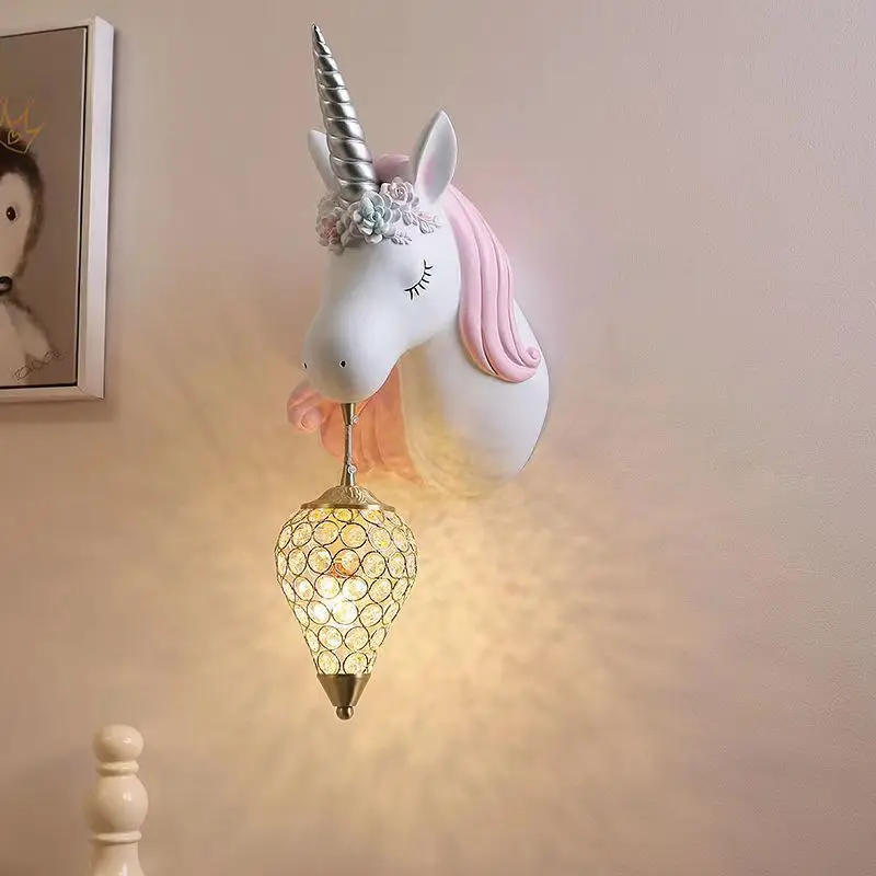 

Unicorn Wall Lamp Nordic Resin Animal Cartoon Crystal Sconces for Living Room Bedroom Aisle TV Background Art Decoration