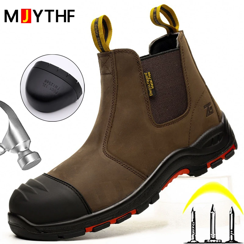 Cowhide Men Boots Genuine Leather Work Boots Safety Shoes Steel Toe Protective Boots Puncture-Proof Indestructible Shoes Chelsea