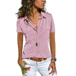 Women Solid Color Lapel Double Pocket Shirt New Single-breasted Cardigan Short Sleeve Blouse Summer Female Commuter Casual Tops