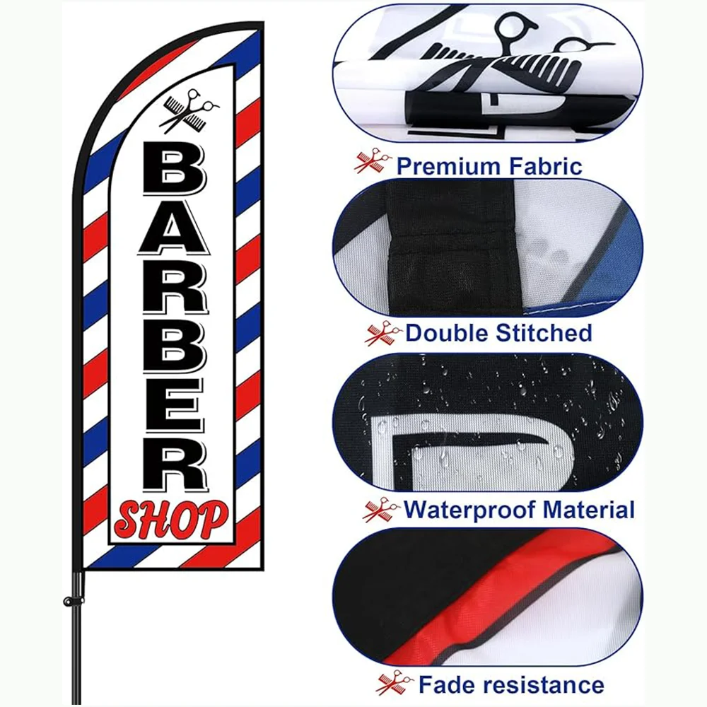 Barber Flag Barbershop Themed Swooper Flag with Pole  Open Feather Flag Barber Sign Windless Barber Banner for Salon Busines