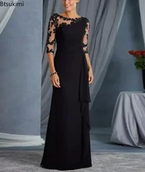 2024 Women's Elegant Lace Long Dress Solid Half Sleeve Perspective Round Neck Mid Sleeve Party Wedding Club Dress Female Robe