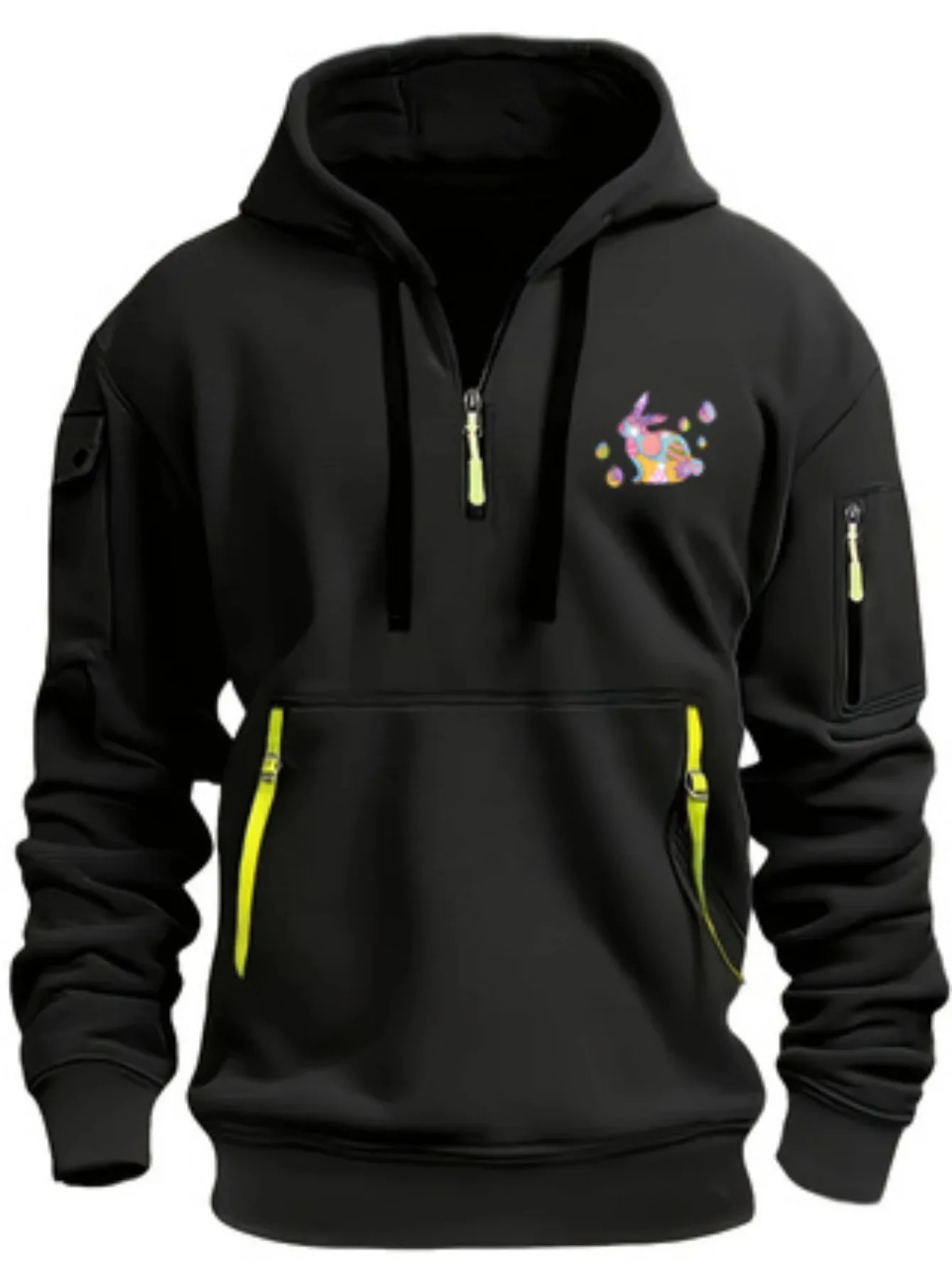 Men's and women's hooded hoodies autumn edition with multiple zippers and pockets, cute rabbit pattern printed fabric for warmth