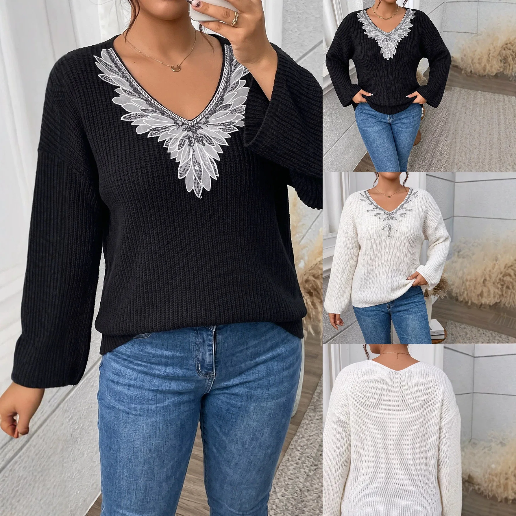 Plus Size Women's Fashionable Solid Color 0XL-3XL Sweater Pullover Tops Women's Cross V-Neck Long Sleeved Pullover Sweater